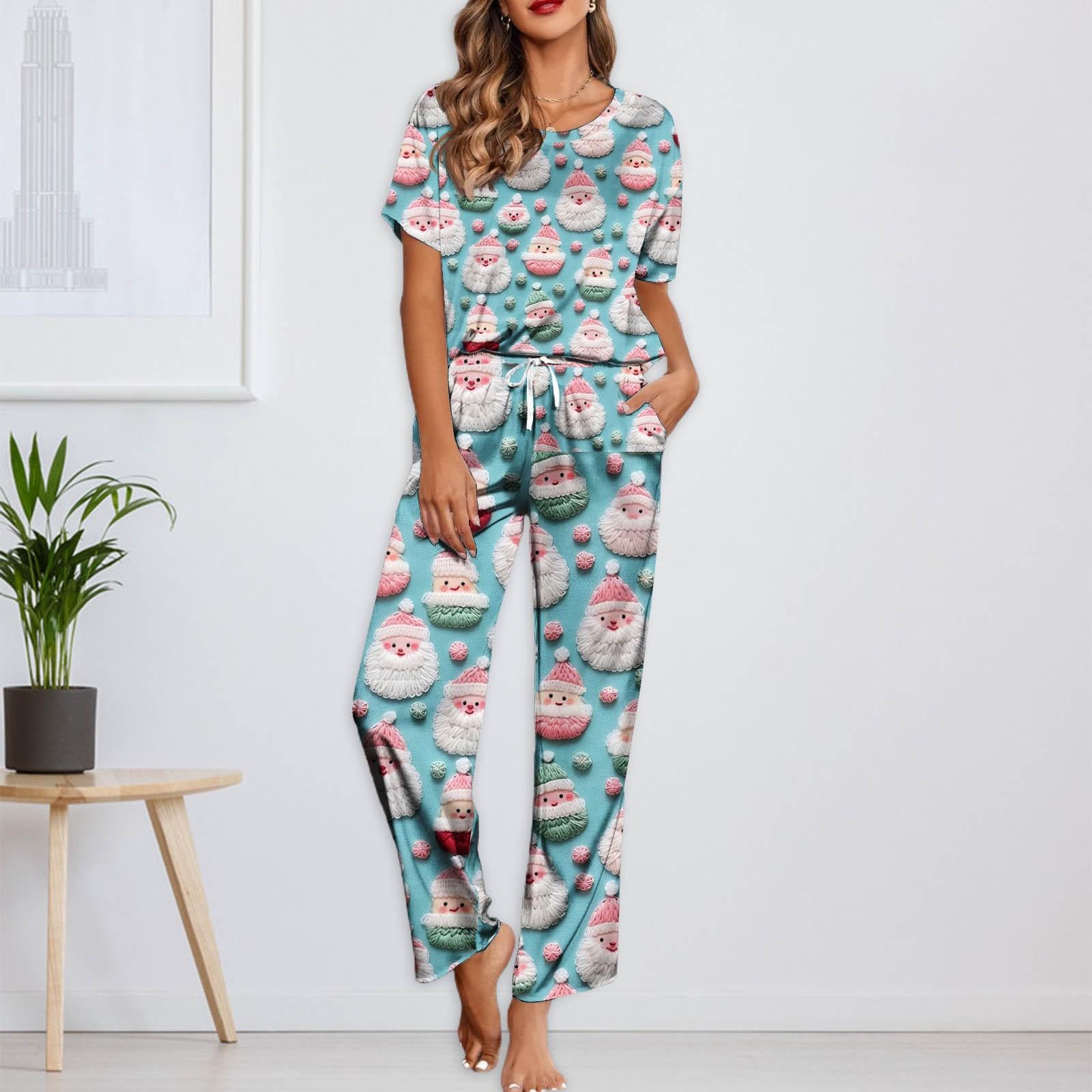 

Женский шелковый атласный пижамный комплект с рождественским принтом, рубашка с коротким рукавом и длинные пижамные штаны, мягкая домашняя одежда L белый