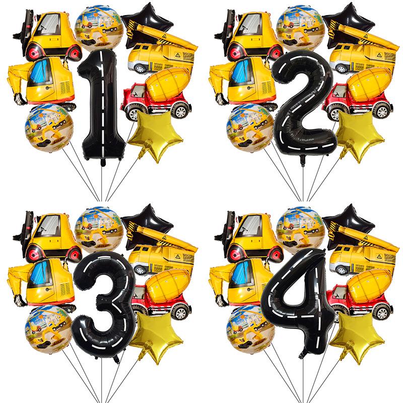 40" Black Number Construction Vehicle Theme Aluminum Foil Balloon Set for Birthday Party Decorations
