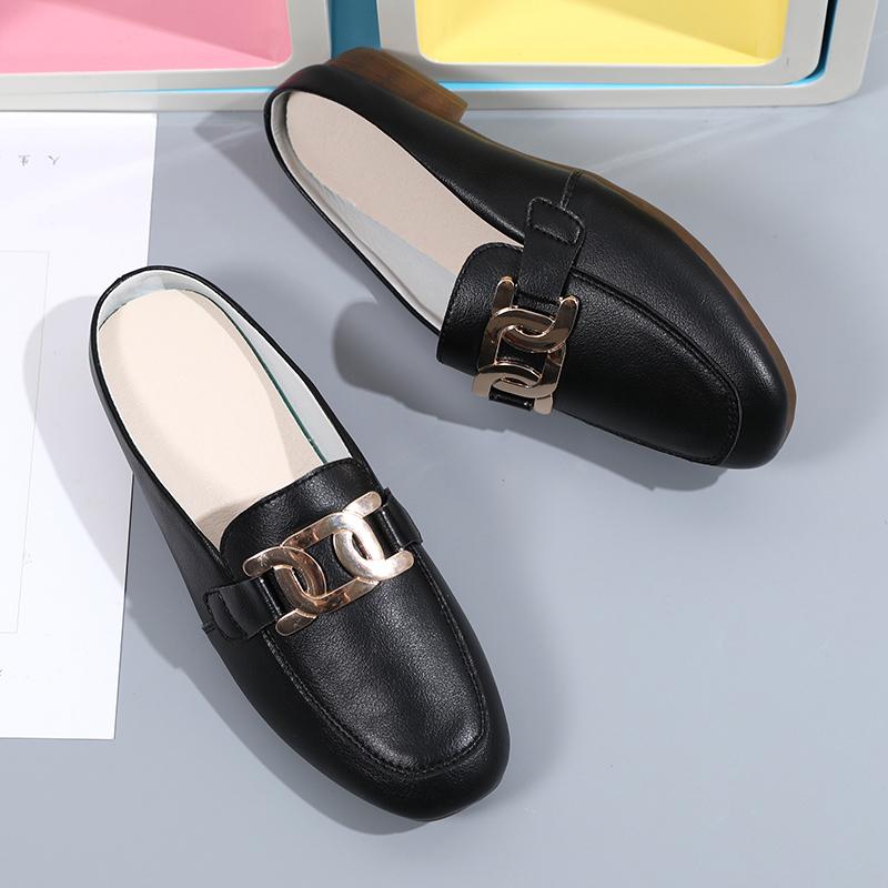 New Women Baotou Half Slippers Ladies Square Toe Thick Heel Muller Sandals For Outer Ladies Flat Fashion Vintage British Leather
