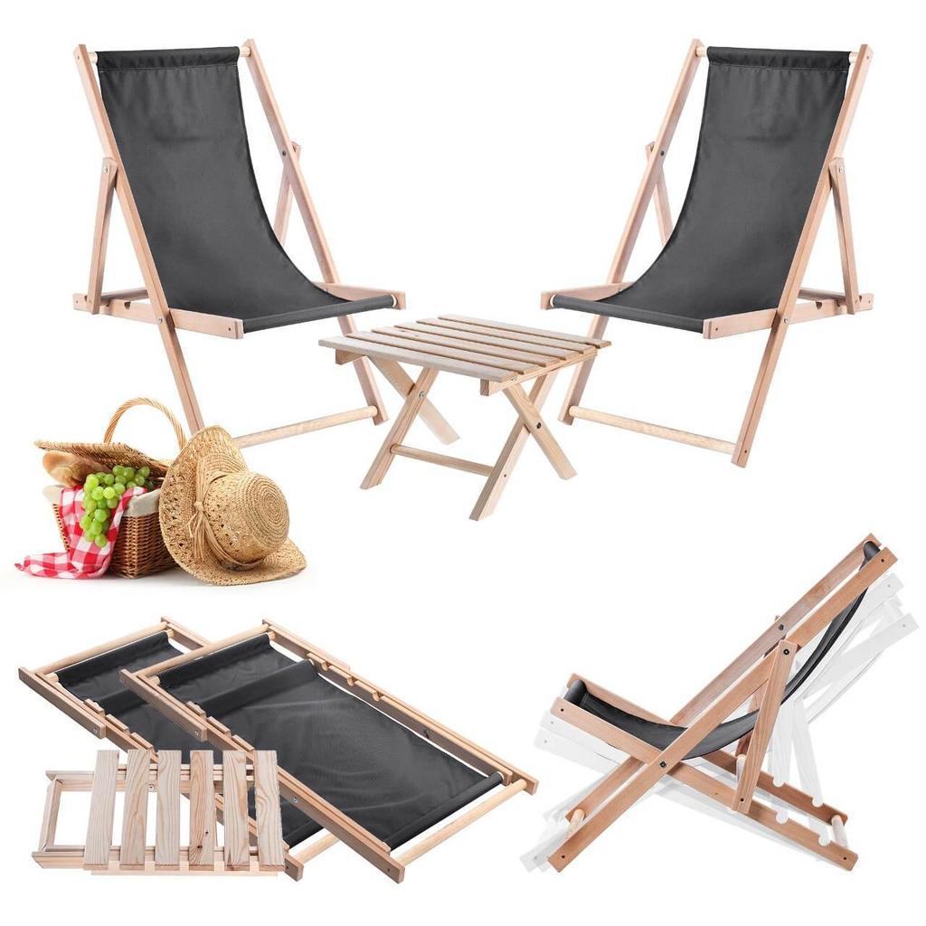 KADAX Set Couchtisch für Liegestühle Natur + 2 Holzliegen