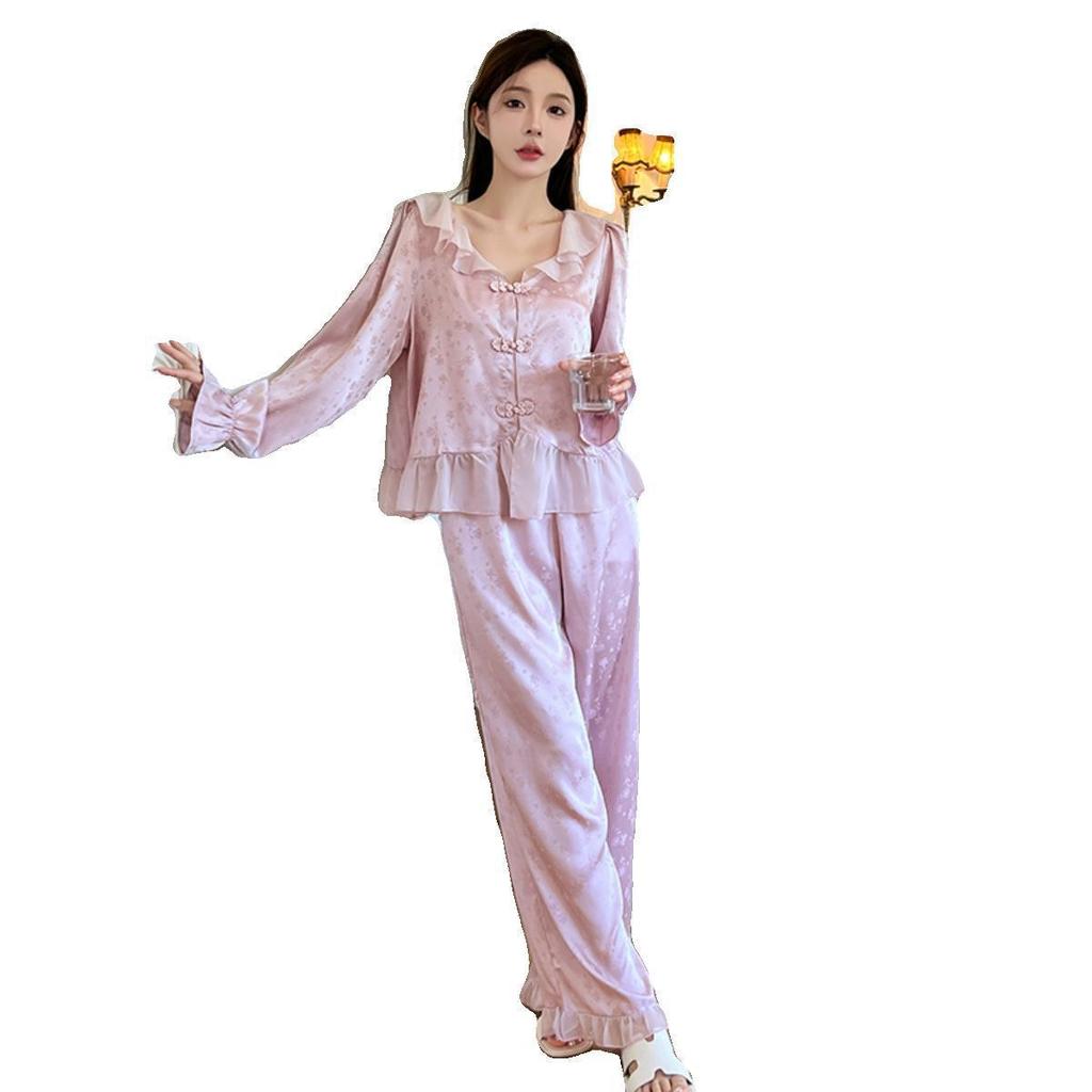 New pajamas women's spring and summer ice silk long-sleeved two-piece set sweet Chinese style high-end loungewear set