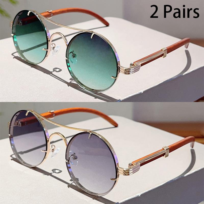 2 Pairs Vintage Round Sunglasses Men New Fashion Gradient Multicolor Casual Shades Women Luxury Design Double Bridge Sun Glasses