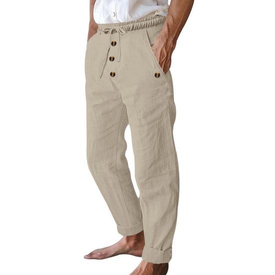 Men's Casual Linen Trousers Elastic Waist Drawstring Baggy Trousers Solid Color Loose Fit Summer Pants with Pockets for Beach Yoga Wear