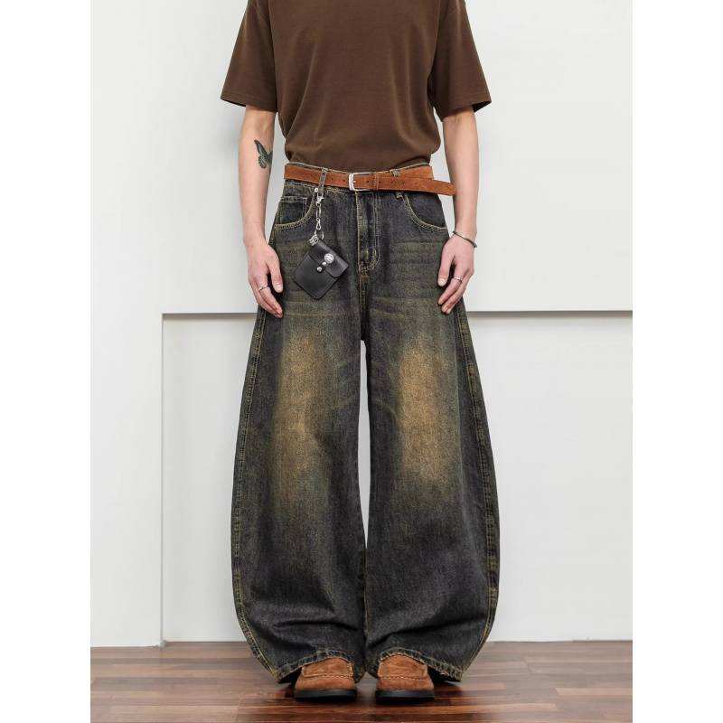 JYL Unisex Wide-Leg Jeans American Vintage Mud Dyed Whisker Bootcut Baggy Denim