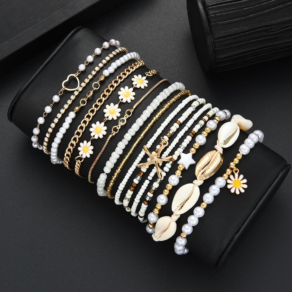 15PCS Bohemian Starfish Shell Rice Beaded Bracelets For Women Summer Gold White Color Daisy Pearl Bracelets Sets Beach Jewelry