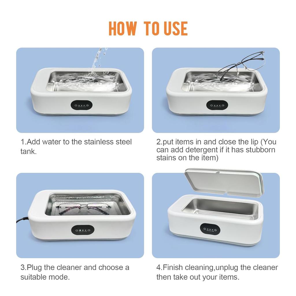 MTWML Ultrasonic Glasses Cleaning Machine,49Khz 22Oz Jewelry Clean Machine with 3 Modes Timer for Ring Earring Dentures Necklaces Watch Strap Keycap