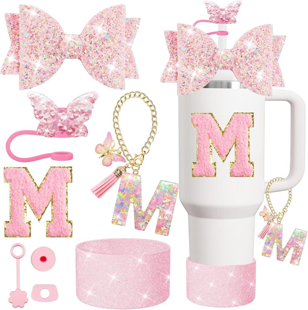 Set 8 buc Accesorii pentru Cană pentru Pahar Stanley 30oz 40oz Topper Paie Capac Acoperiș Boot, Dop Antivărsare Charm Autocolant Inițiale