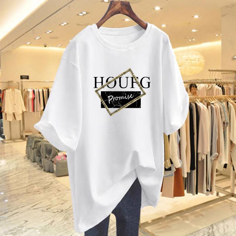 

Medium and long casual letter short-sleeved T-shirt women s new dark green loose large-size women s clothing in summer 2025 S