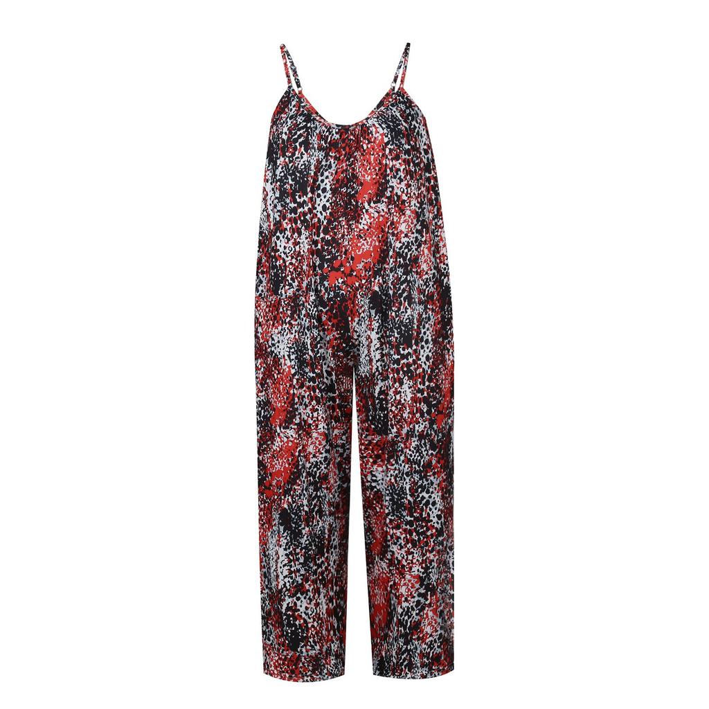 Women Sleeveless Spaghetti Strap Jumpsuit with Pockets Loose Fit Printed One Piece Casual Wide Leg Overalls