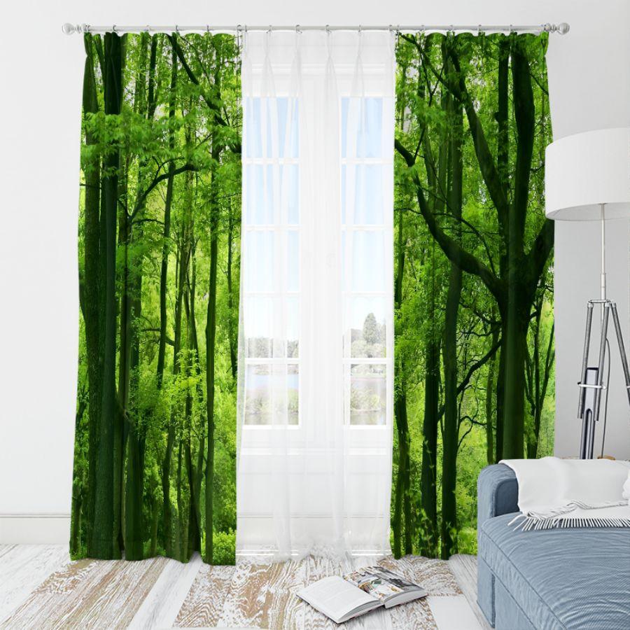 2pcs- Green simulated forest polyester curtains, pole bag curtains 42 * 84, bedroom, living room, family room decoration