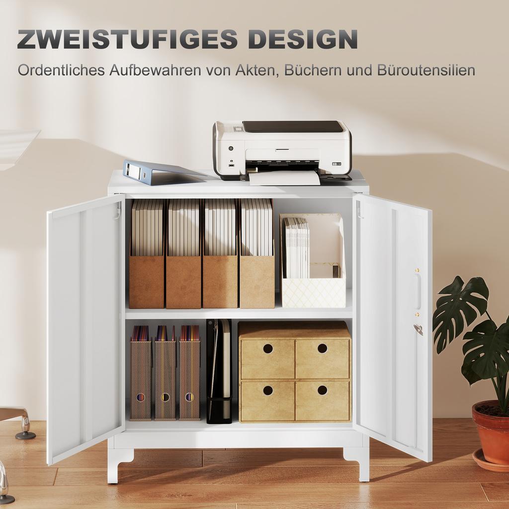 Metal Office Cabinet, Lockable Doors, Office Chest of Drawers, 2-Tier Design, White