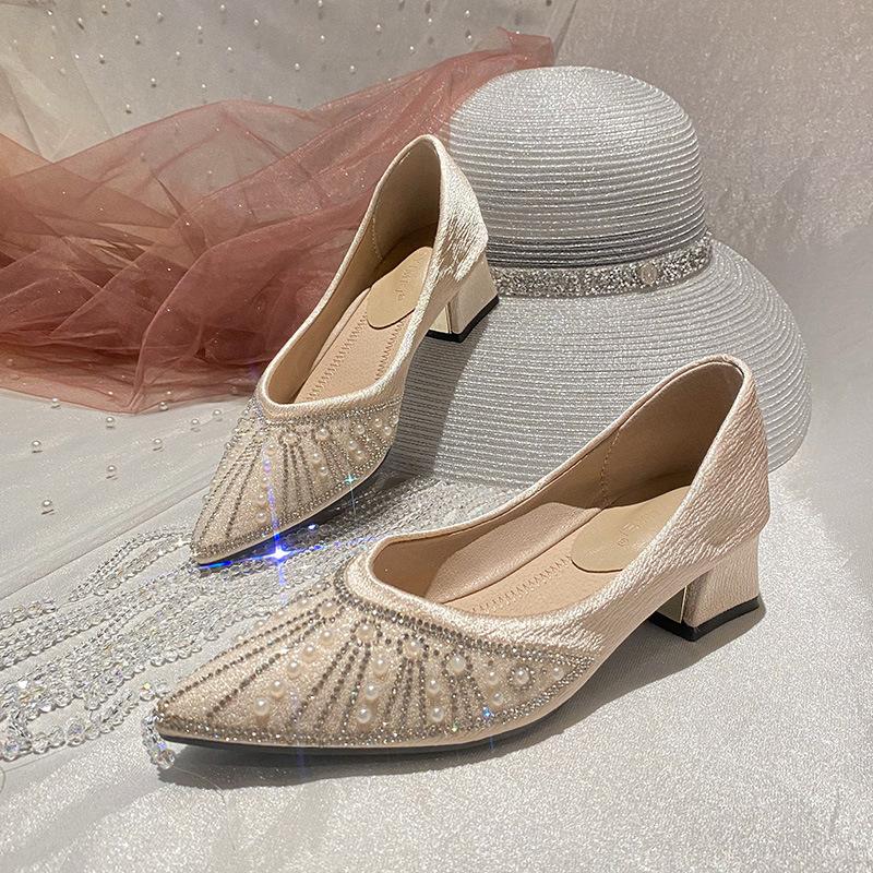 French high-heeled rhinestone pearl work shoes soft-soled women's shoes 2025 spring pointed single shoes women's evening breeze gentle shoes