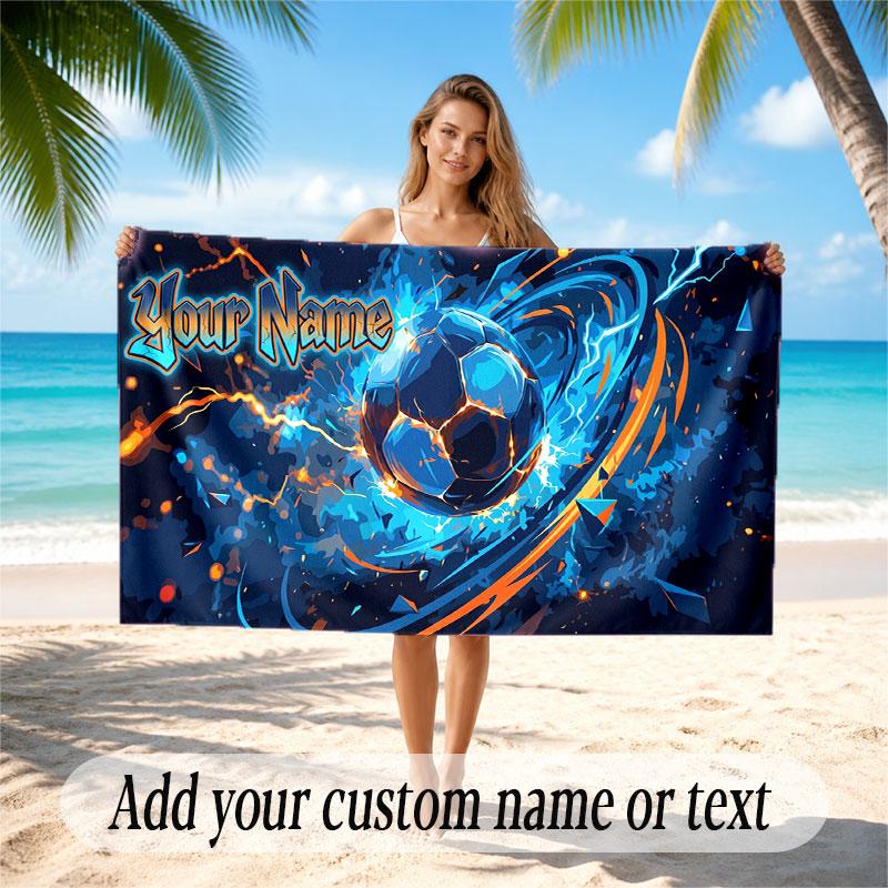 Soccer Theme Beach Towel Personalized Custom Name & Text Soft Quick Dry Beach Towel for Swimming Travel