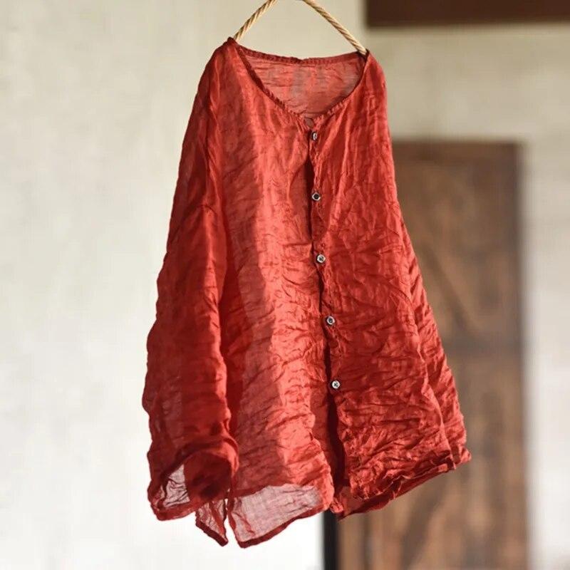 

Johnature женские винтажные рубашки с вышивкой, топы с круглым вырезом и длинным рукавом, однотонные весенние женские рубашки на пуговицах One Size красный