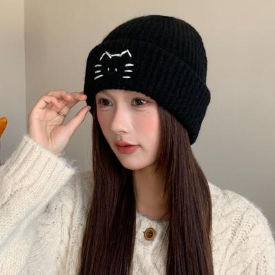 Retro Embroidered Kitten Cute Cat Knitted Hat Warm Vintage Knit Beanies Korean Wool Printing Knit Cap Winter