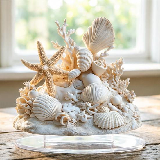 Yousheng Coastal Shell Coral Ornament, 2D Flat Acrylic Starfish Decoration with Base, Ocean Shells Table Centerpiece Ornament for Home Desk Shelf