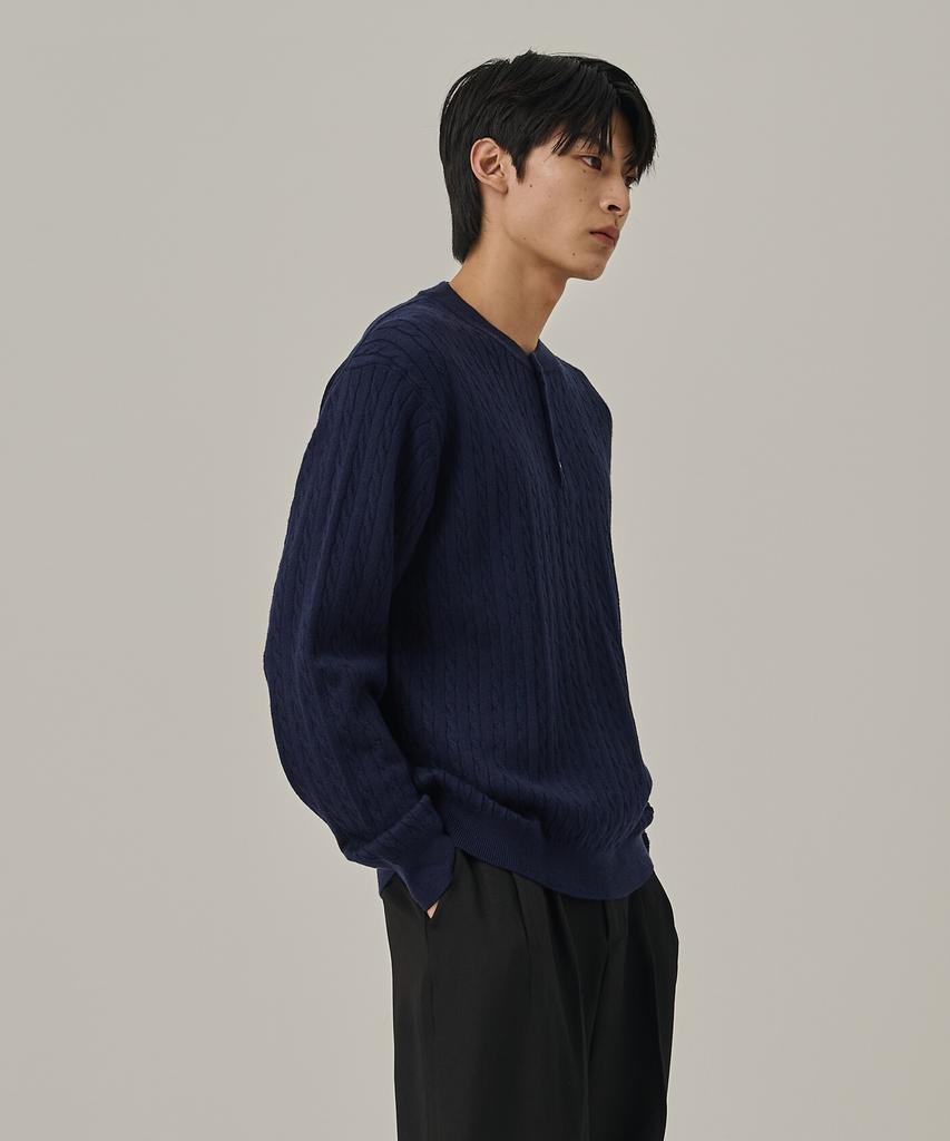 ANALOG MOOD Washable Cable Henley Neck Knit T-Shirt (Navy)