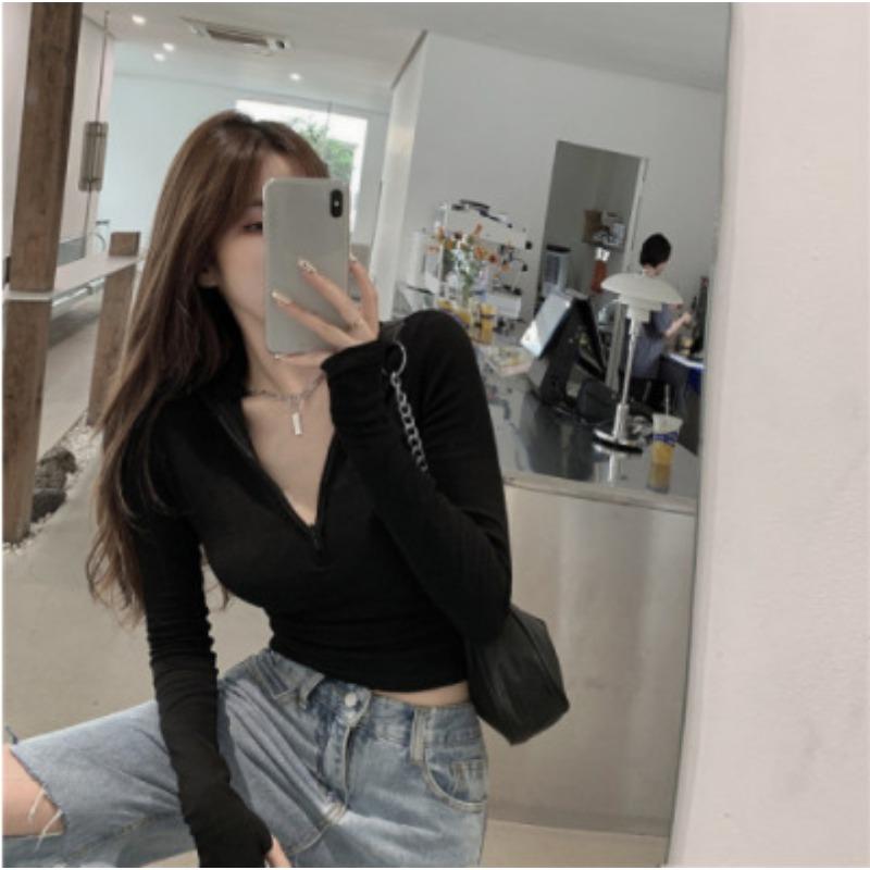 New Base Shirt Female Autumn Winter Korean Version Long-sleeved T-shirt Half Zipper Slim Sexy Inside with Short Crop Top Trend