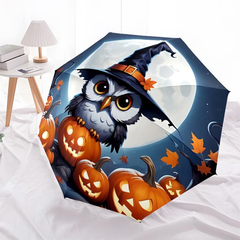 1pc Halloween Owl Automatic Folding Umbrella Compact Lightweight Travel Umbrella with 8-Rib Sturdy Frame, Windproof & Self039