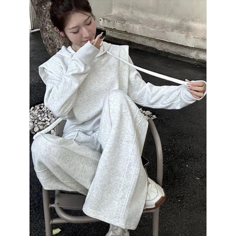 Женский осенний свободный худи и брюки палаццо: Элегантный спортивный костюм-двойка 2XL