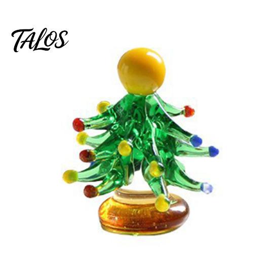 Rotating Interactive Christmas Decor Glass Tree Figurine with Ceramic Base, Handmade Glazed Miniature Holiday Table Centerpiece Ornament for