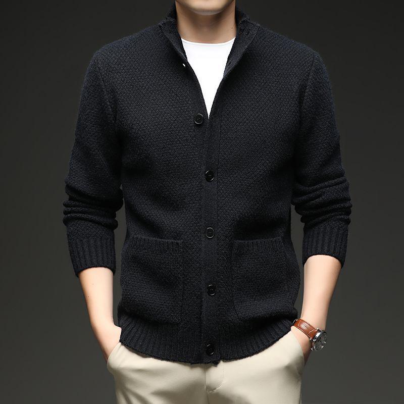 Men's Knitted Stand-up Collar Cardigan: Trendy Autumn/Winter Fashion Sweater with Long Sleeves and Thickened Design.