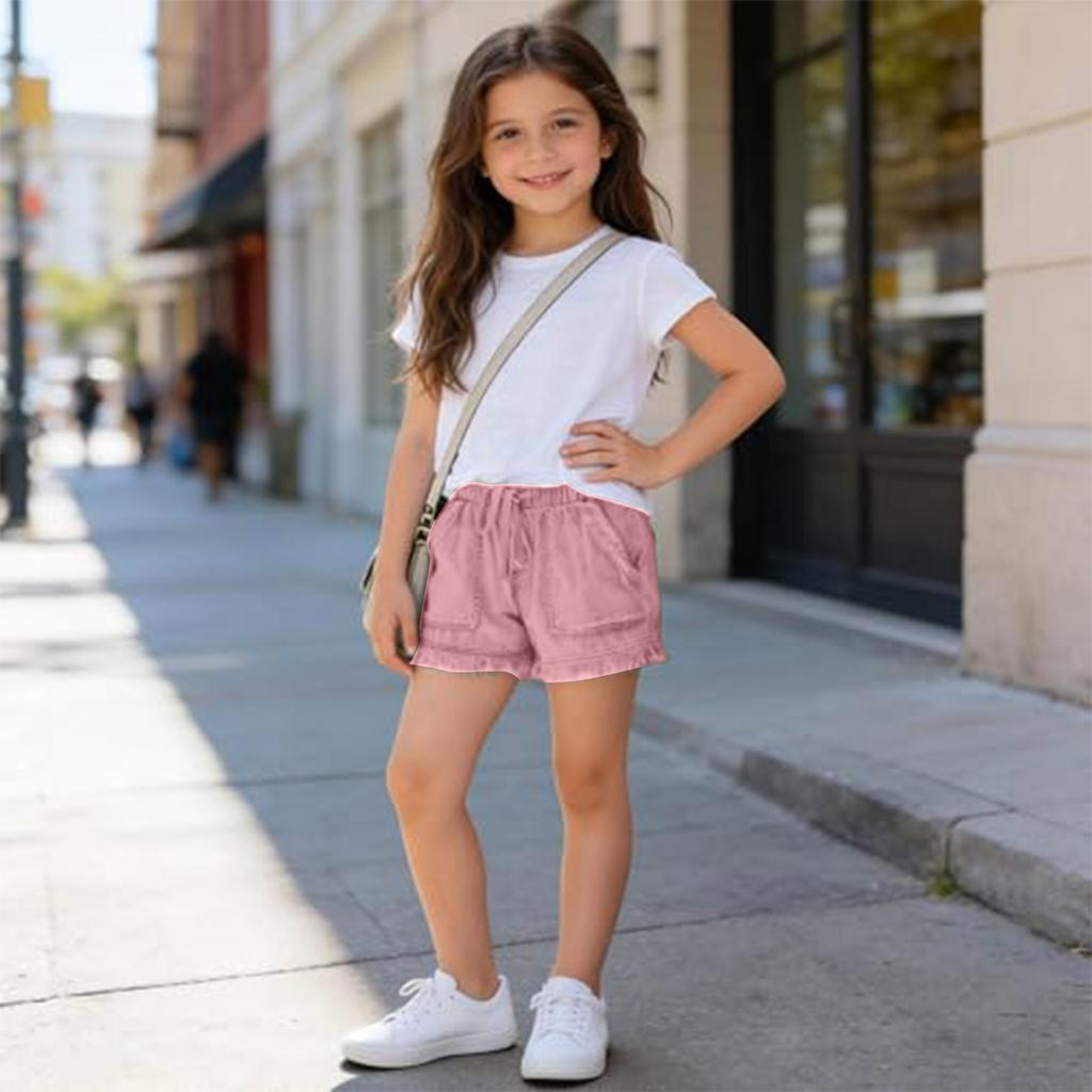 Girls Elastic Waist Casual High Waist Drawstring Shorts with Frayed Hem and Front Pockets Lightweight Soft Fabric Summer Bottoms