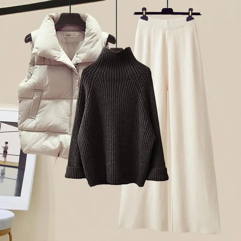 Women's Slimming Bell Bottoms Three-Piece Cotton Padded Coat Vest Polo/Turtle Neck Sweater Winter Wear