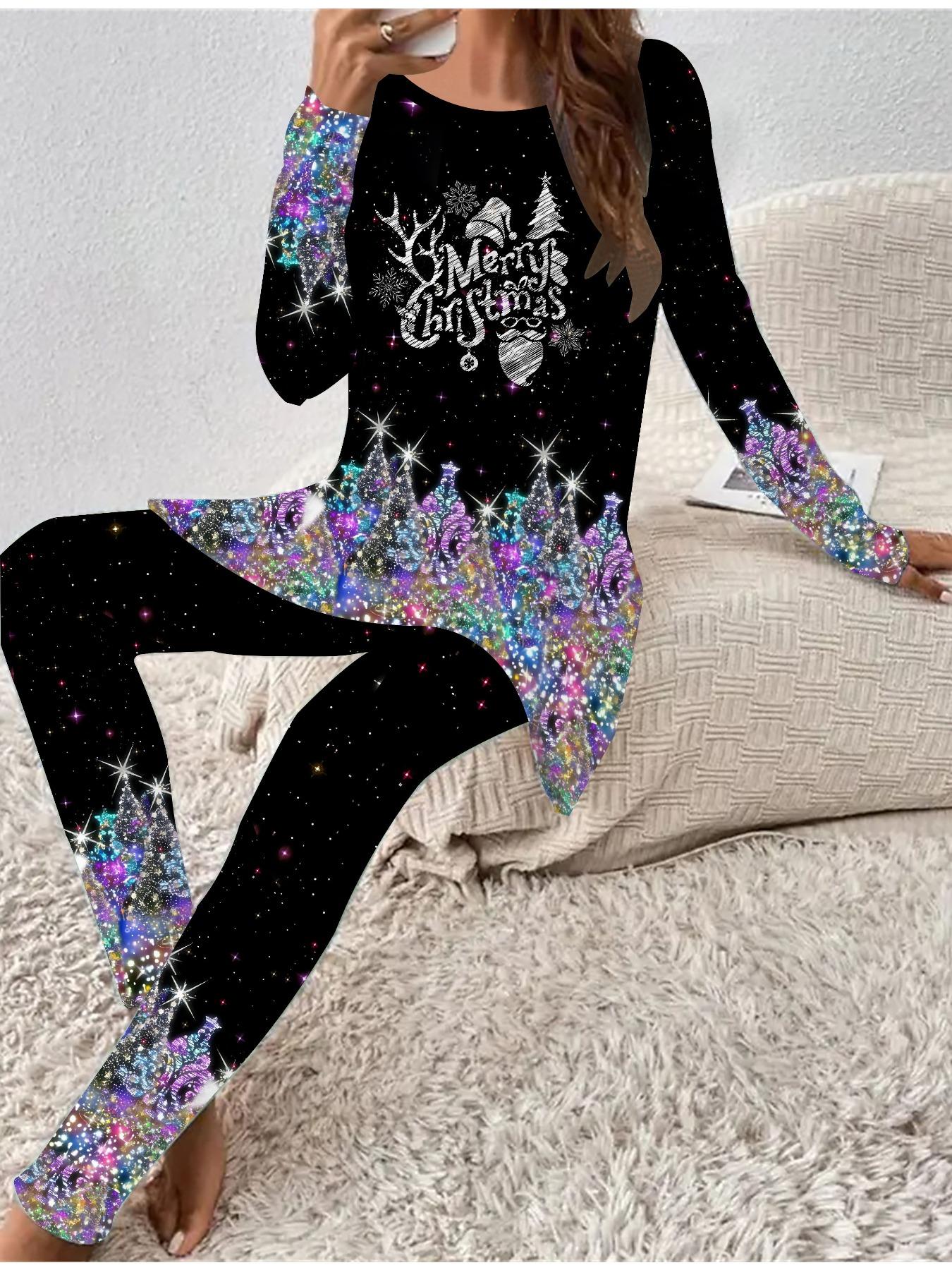 

Євро-американська мода 3D Різдвяний принт Жіночий Чотирисезонний Комплект з двох предметів: Футболка з довгим рукавом + Довгі штани. Ідеальний подарунок на Новий рік та Різдво 8XL синій