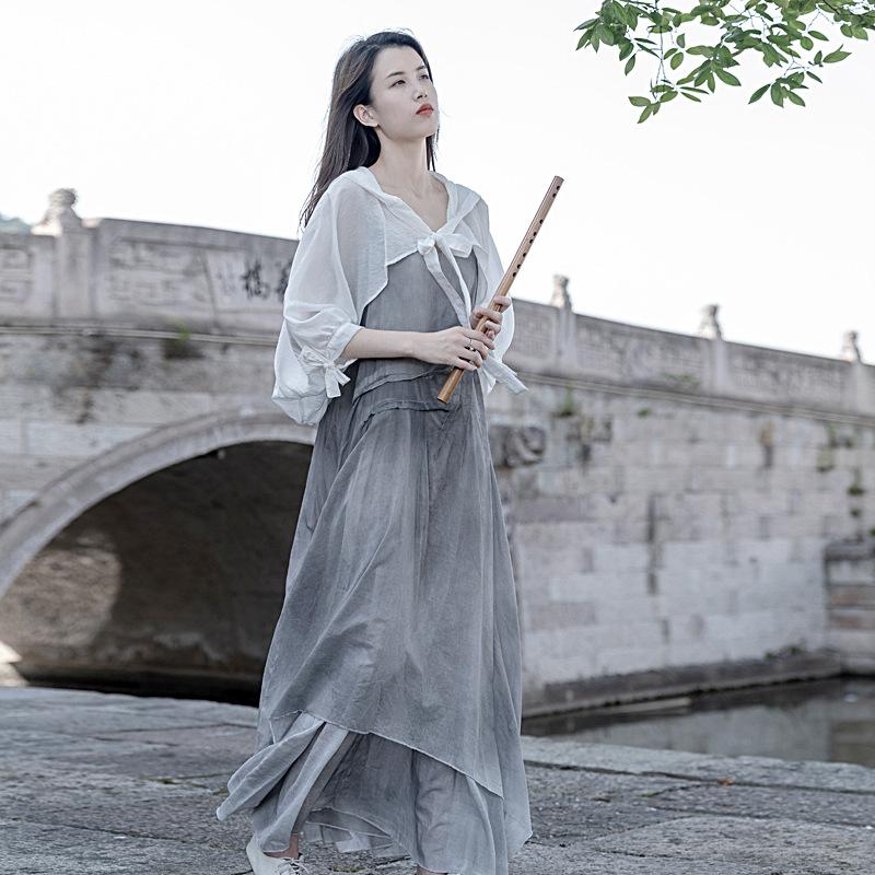 Return To Dust's Self-made Literary and Versatile Spray-dyed Suspender Dress, Two Colors