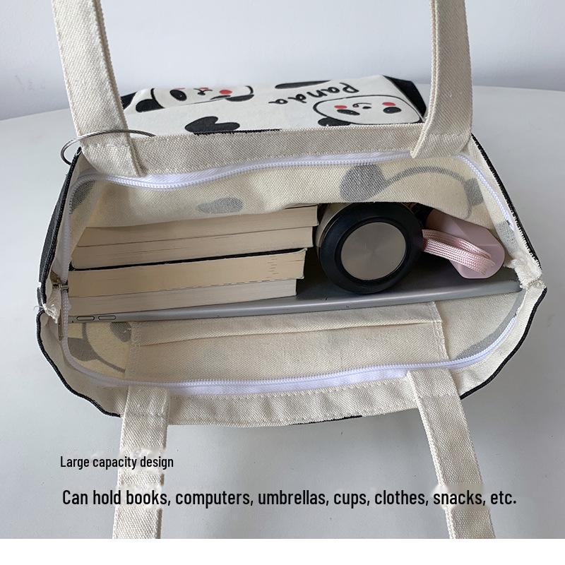 Geantă de umăr din pânză cu model panda pentru femei - Drăguță, capacitate mare, stil japonez și coreean pentru studenți și serviciu