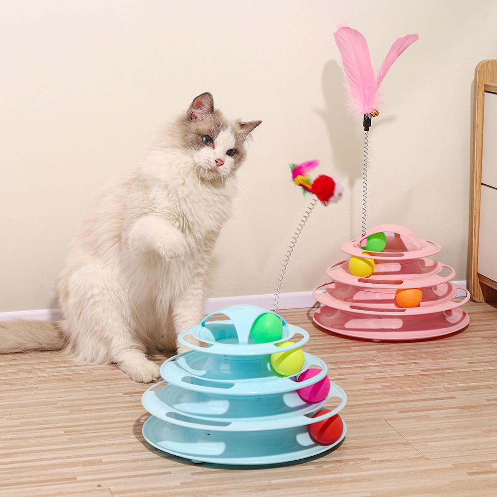 Cat Toys 4-Tier Turntable Roller Colorful Balls Interactive Kitten Exercise Toys Set