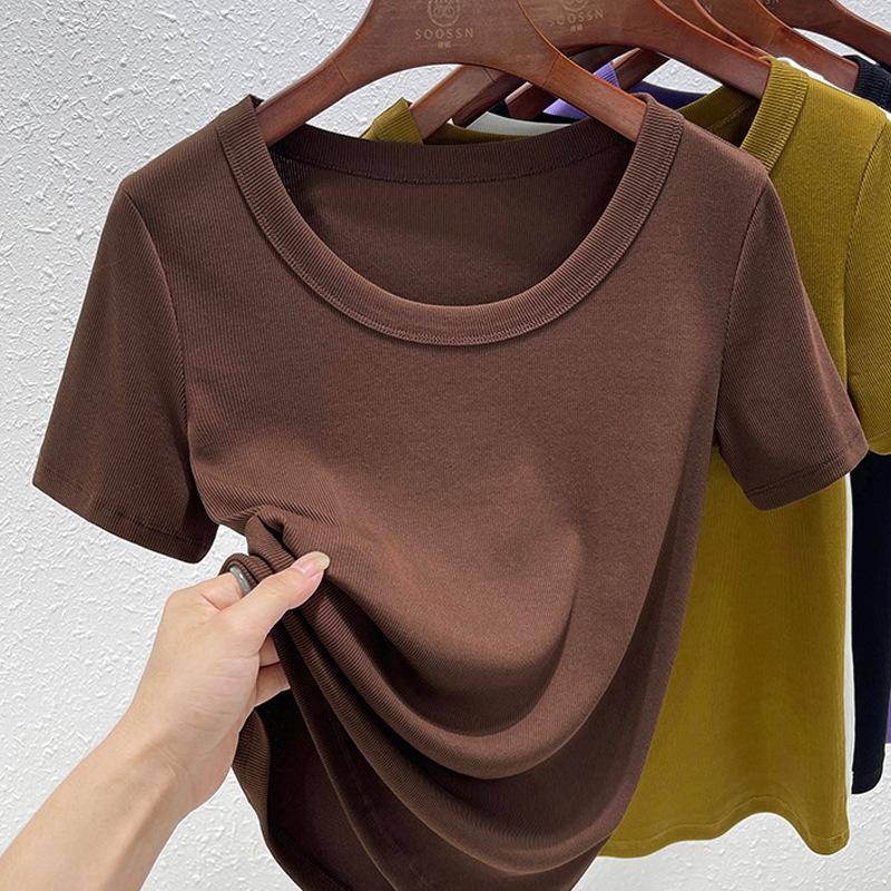 Excellent Cotton U-neck T-shirt Women Short Sleeve Summer New Loose Slim Senior Sense T-shirt Top Base Shirt