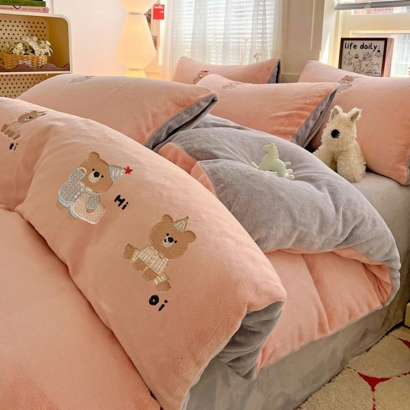 Ins Cute Cartoon Milk Fleece Bedding Set Winter Flannel Duvet Cover Sheet
