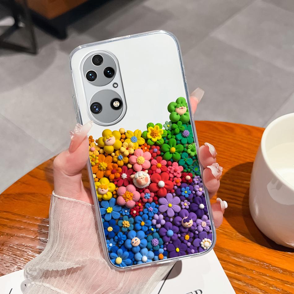 For Huawei P50 Pro P50E Phone Case Lucky Flowers Patterns Transparent Protective Funda For Huawei P 50 Soft TPU Silicone Bumper