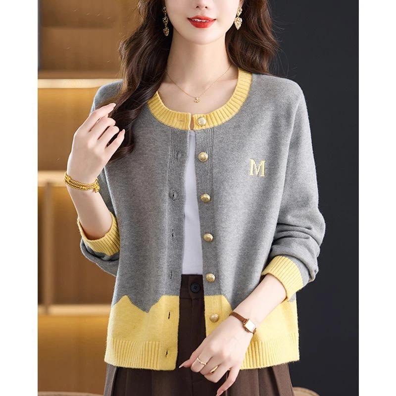 Colorblock Cardigan for Women 2025 New Autumn Design Versatile and Stylish Round Neck Sweater Sweater Jacket