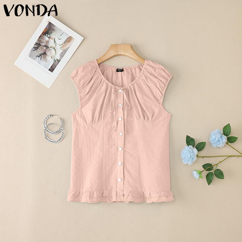 

VONDA Women Casual Sleeveless Ruffled Buttons Up Semi-Sheer Tops Shirts L розовый