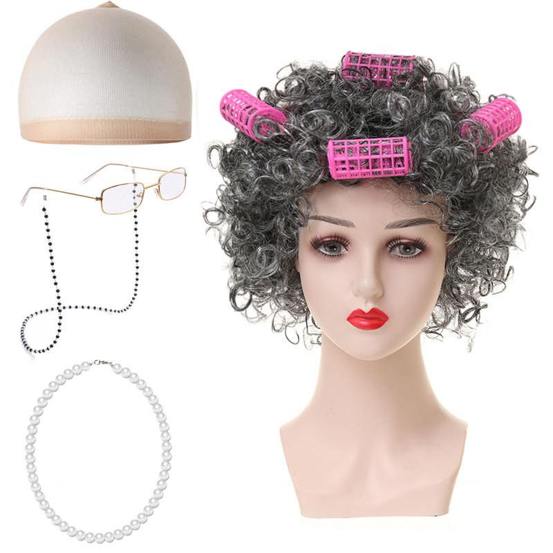 Set Parrucca Riccia da Nonna Corta Per Costume di Halloween Con Vari Colori alla Moda
