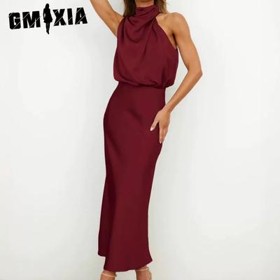 Frühlings-Sommer Satin Ärmelloses Kleid Mode Elegant Damen Leichtes Abendkleid
