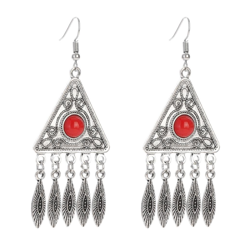 Vintage Ethnic Natural Stone Indian Earrings Jhumka Female Antique Silver Plated Geometric Carved Earrings Party Tassel Jewelry