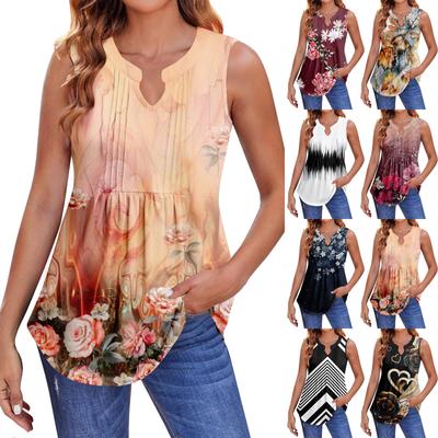 Womens Summer Tank Tops  Pleated V Neck Printing Casual  Top Tank Tops For Women Loose Fit Sleeveless Tunic Shirts