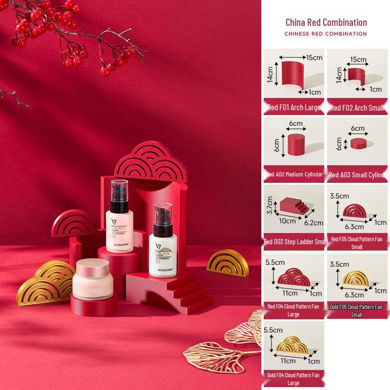 Chinese Red Geometric Photography Props: New Year Theme Still Life Display Stand