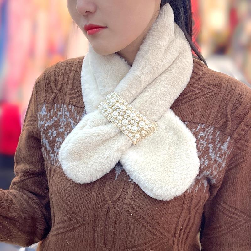 Winter warm scarf imitation rabbit hair pearl buckle hair scarf solid color versatile plush cute tide