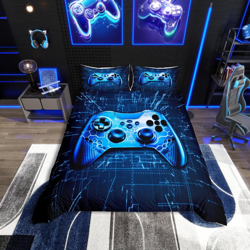 Homewish Gaming Duvet Cover Set,Green Blue Gamepad Controller Comforter Cover Set,Modern Video Game Bed Set For Boy