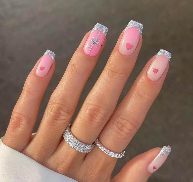 

Хит продаж маникюр сладкий День святого Валентина блестки французский розовый постепенное изменение любовь прямоугольный накладной ноготь Free jelly glue + rubbing strips