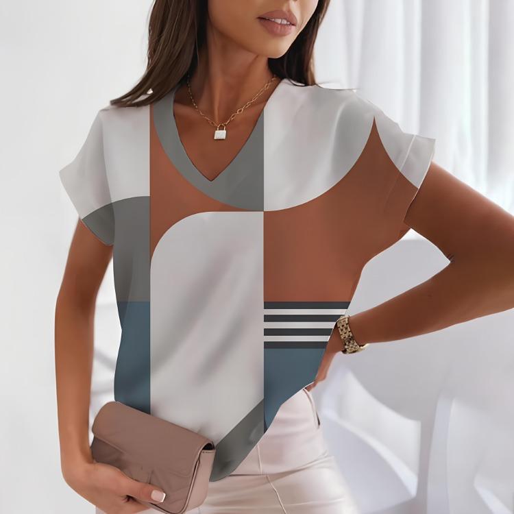 Bol Rahat Kadın V Yaka Kısa Kollu Tişört Nokta Küçük Baskılı Kazak Tarzı Harajuku Moda Üst Tişört Bayan