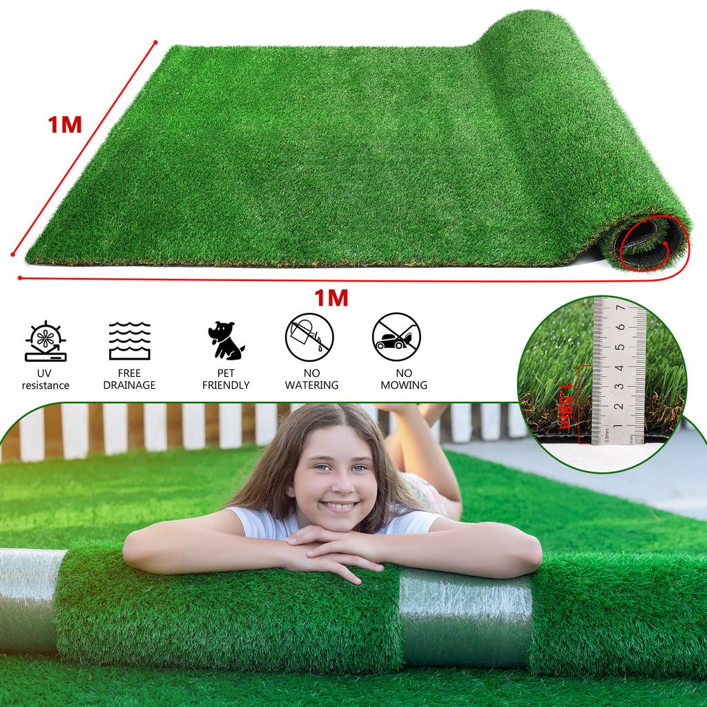 1M*1M Outdoor Artificial Grass Runner Rug, Thick Realistic Fake Grass Roll Decor Patio Balcony Garden Lawn, Dog Pets Turf Drain Mat, 2cm Pile Height