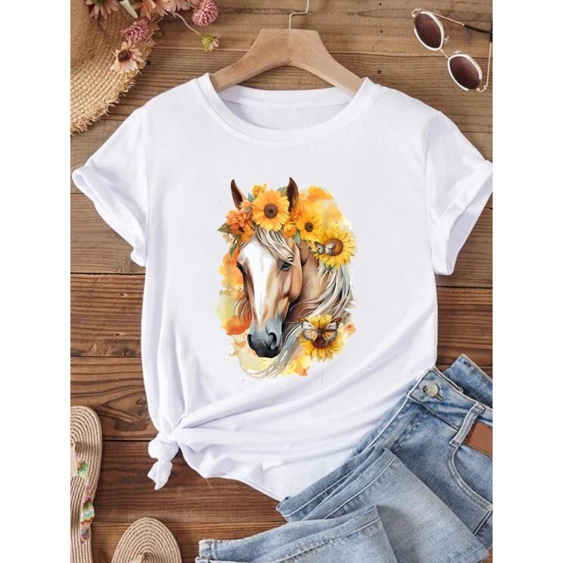 (European Size) Fashion Women Flower Cactus Plant Trend Cute Short Sleeve Clothing Casual T-shirt Female Print Lady Tee Top Graphic T-shirts