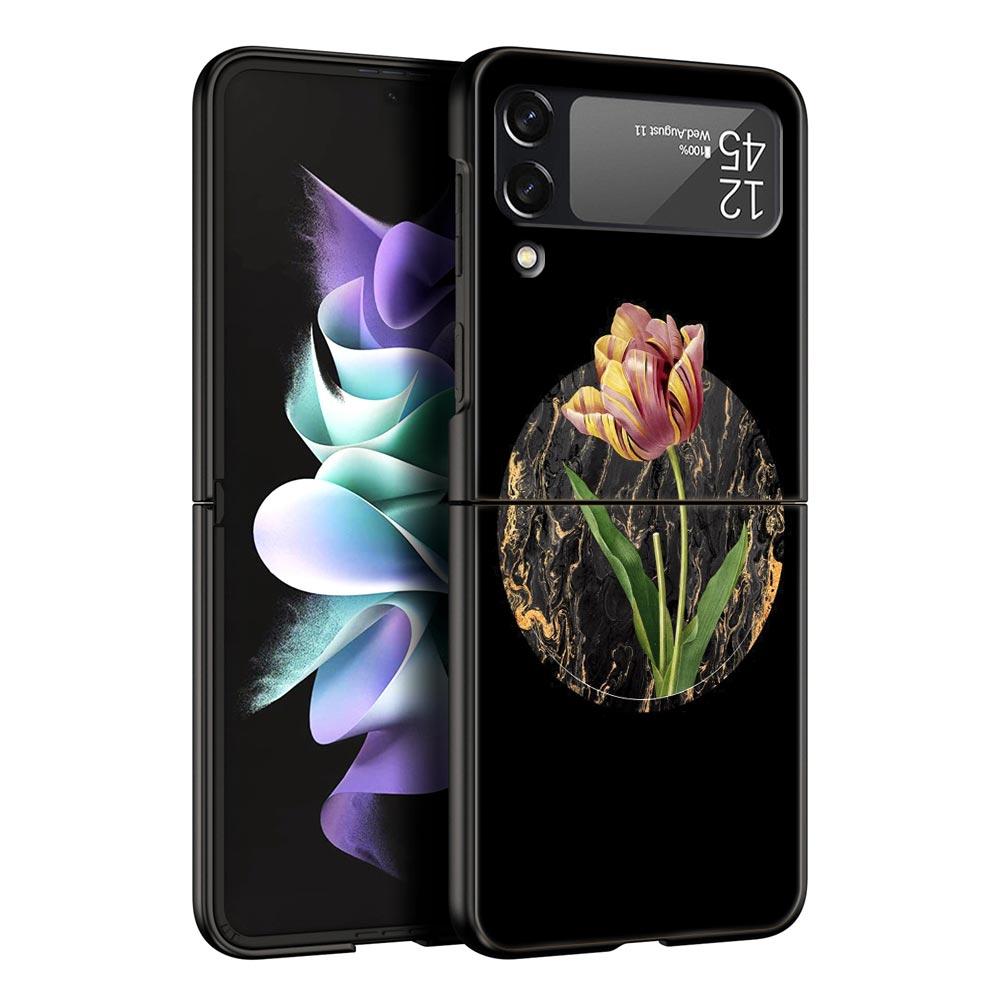 Handyhülle mit Vintage-Blumen-Motiv, botanischer Marmor, für Samsung Galaxy Z Flip 3, 4, 5, schwarze faltbare Handyhülle, harte Schutzhülle