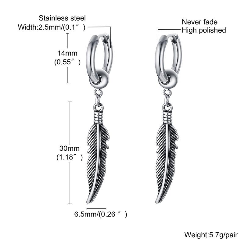 Vnox 1 Piece/Pair Feather Leaf Dangle Earrings for Women Men Jewelry,Stainless Steel Link Chain Drop Punk Ear Clip Accessory